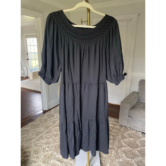 NWTs Old Navy Dark Gray Midi Dress Smocked Puff Sleeve Tiered L Tall Cottagecore - Picture 7 of 8